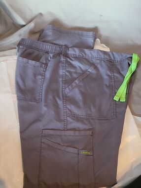 Landau Gray Cargo Scrub Pants with Lime Drawstring Medium